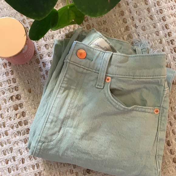 Mint green retro mom jeans. Size 00, rose gold detailing, frayed bottoms. - Picture 2 of 6